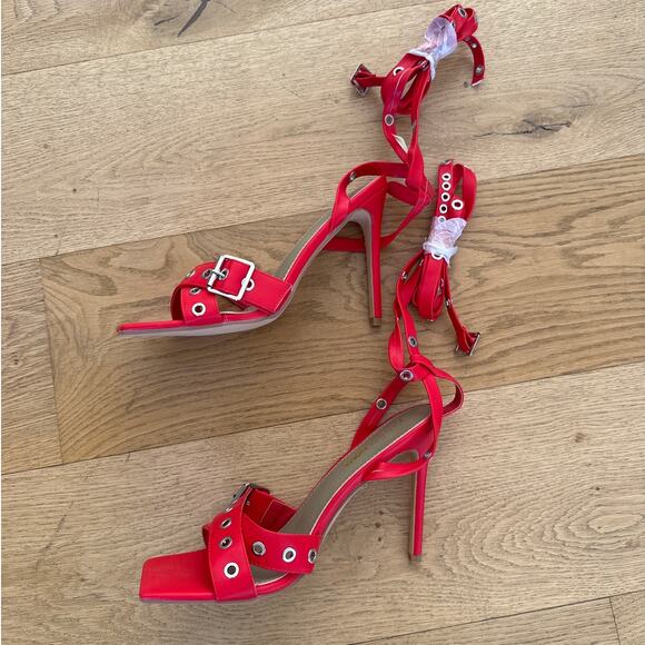 Fashion Nova - Just Your Type Wrap Up Heels in Red & Silver - Picture 3 of 6